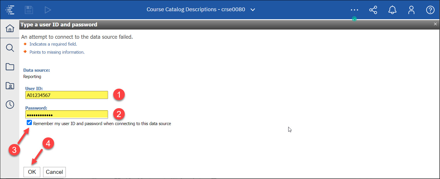 Screenshot Cognos sign in reporting database with A#