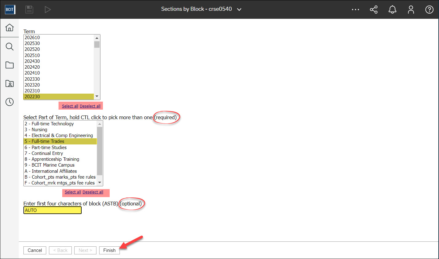 Screenshot Cognos report with a prompt