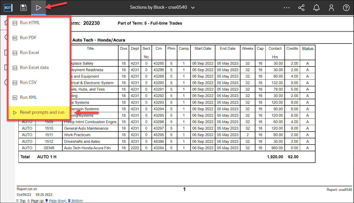 Screenshot Cognos reset prompts and run