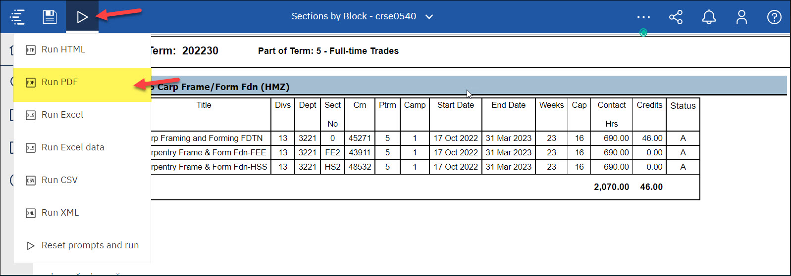 Screenshot Cognos Run as button to PDF