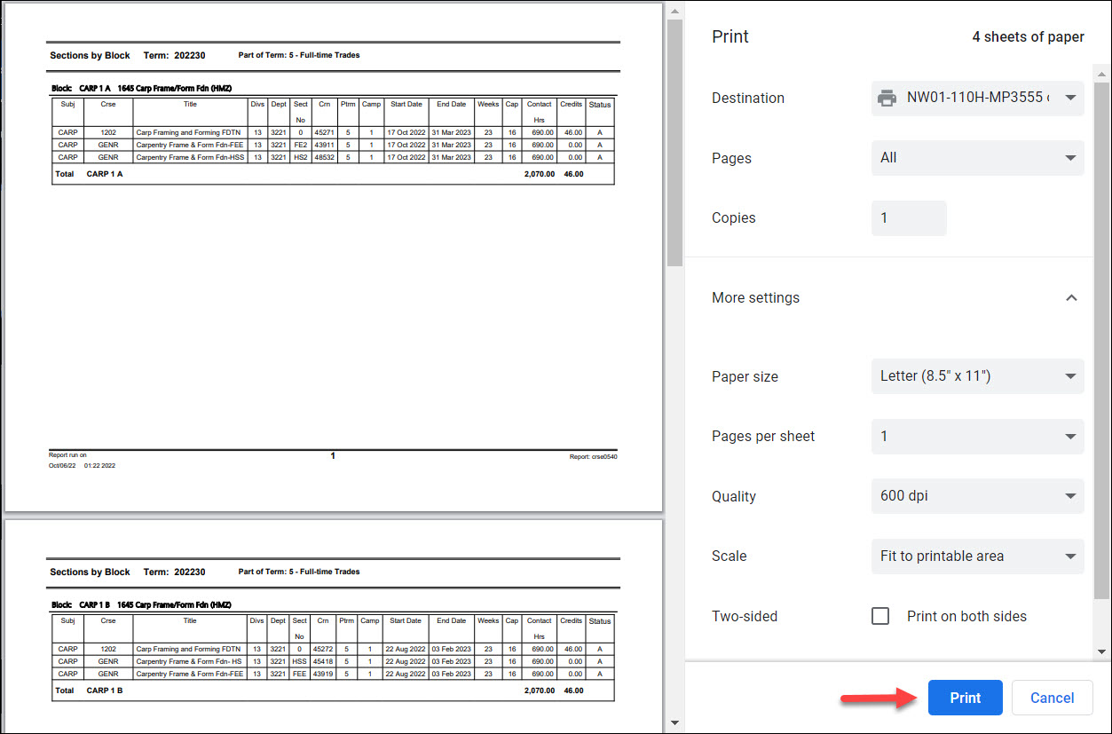 Screenshot Cognos PDF Adobe Print