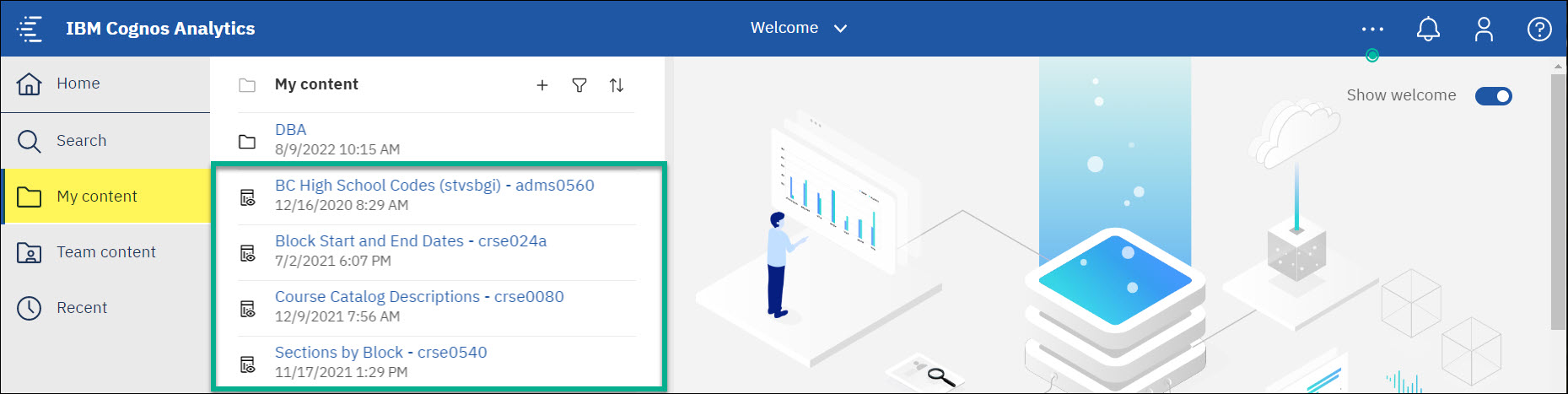 Screenshot Cognos My content dashboard