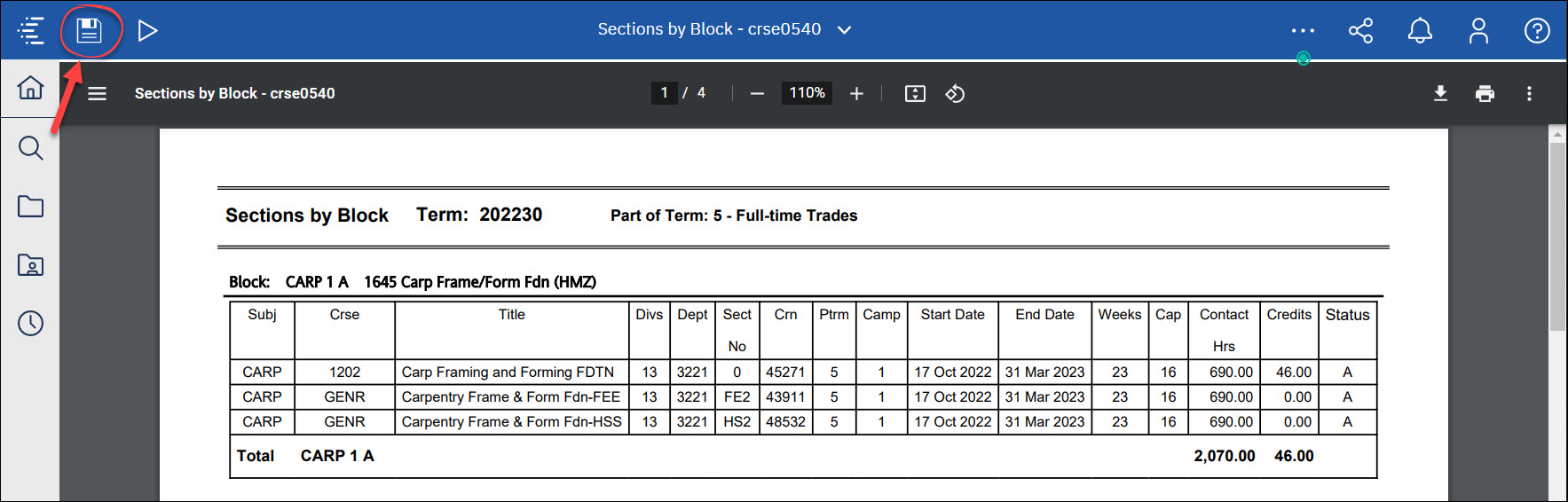 Screenshot Cognos Save icon