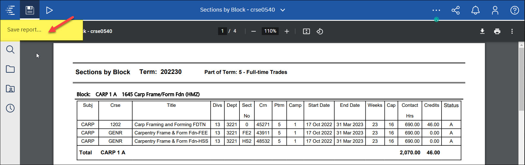 Screenshot Cognos Save report