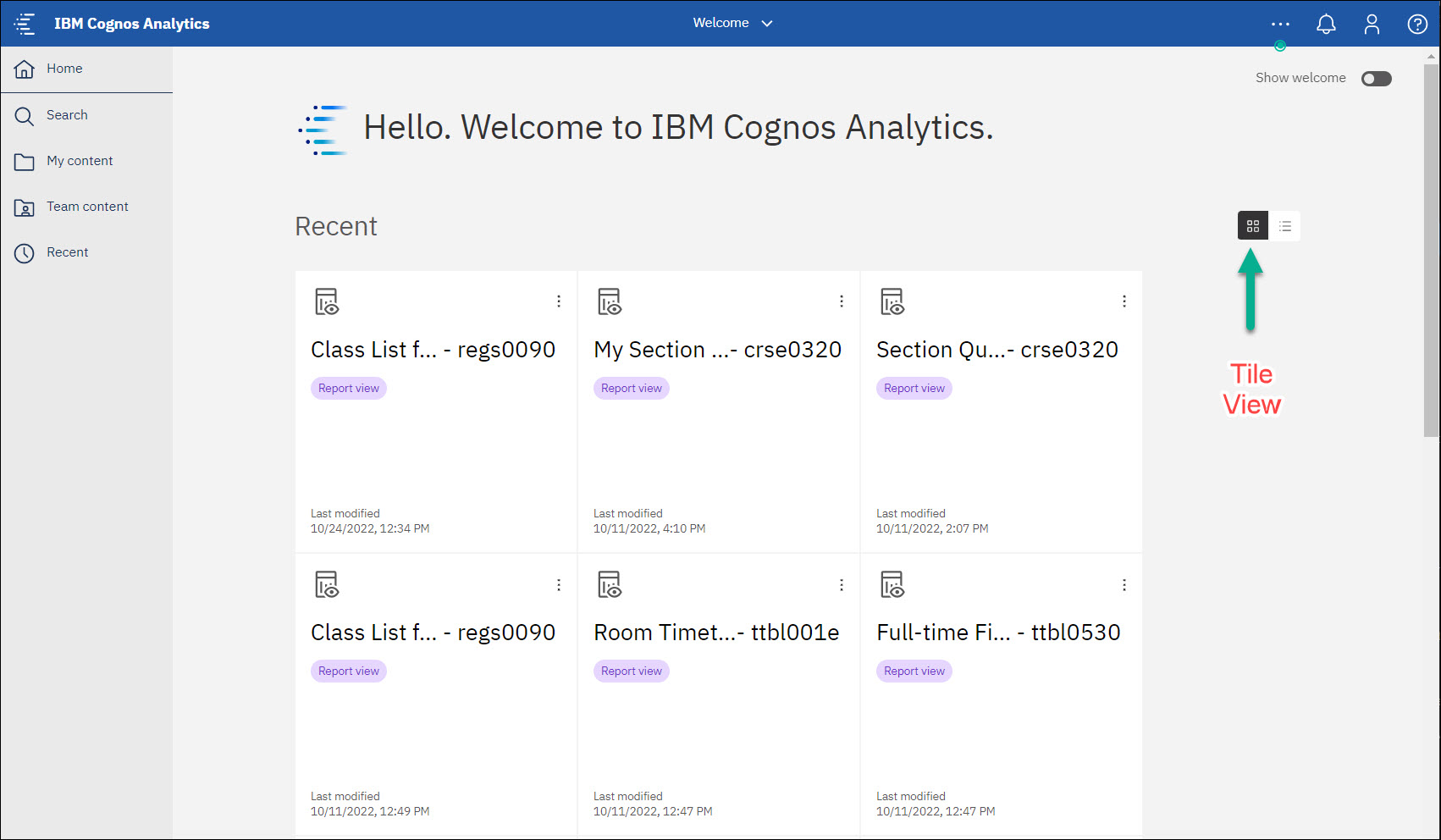 Screenshot Cognos Home Page Tile View