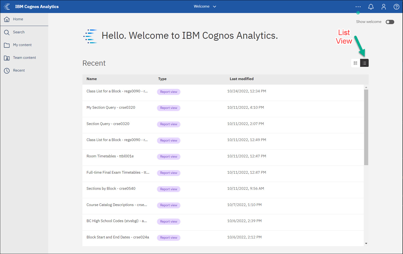 Screenshot Cognos Home Page List View