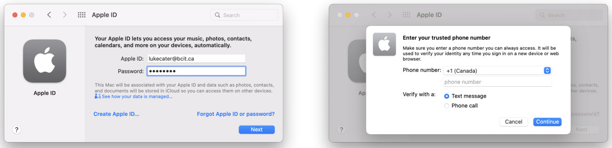 Screenshot Signing into Apple ID and using trusted phone no
