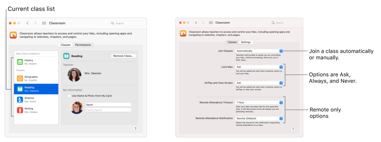 Screenshot Apple Classroom preferences