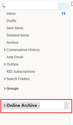 Mailbox list showing Online Archive at the bottom marked by a red rectangle