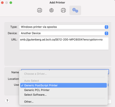 Add printer dialogue showing the Use menu with generic postscript printer selected