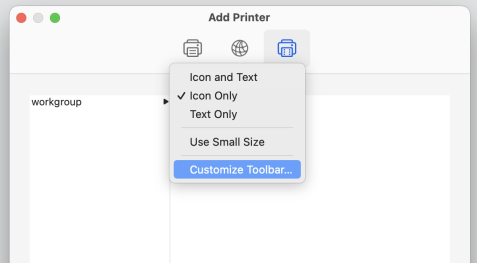 Add printer dialogue with display options menu open and customize toolbar option at bottom selected