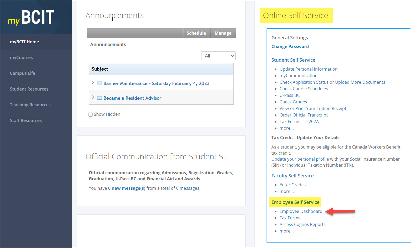 Screenshot myBCIT Employee Dashboard