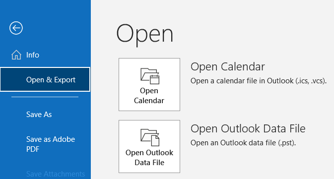 Outlook File screen showing Open Outlook Data File as the second item