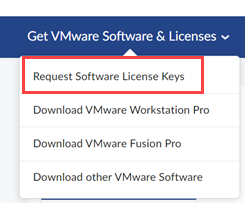 Get VMWare Software & License menu showing request software license keys as the first option