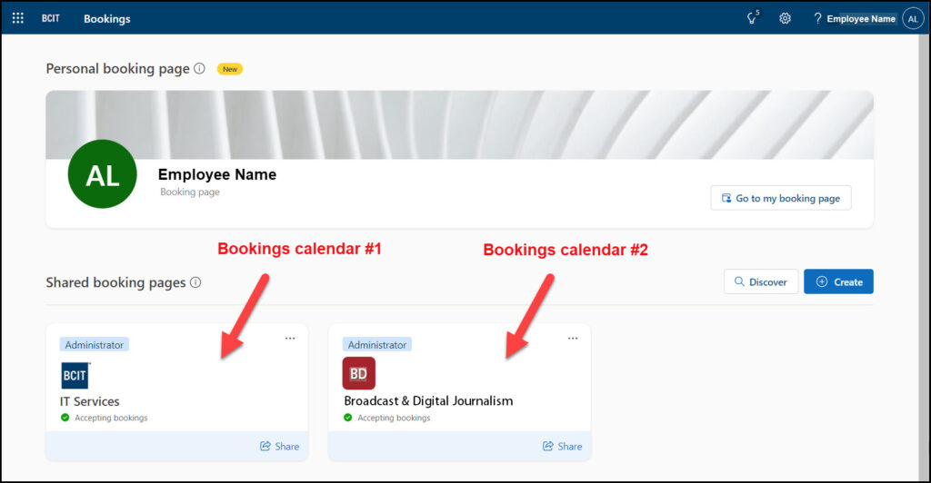 Screenshot Microsoft Bookings home page Calendars