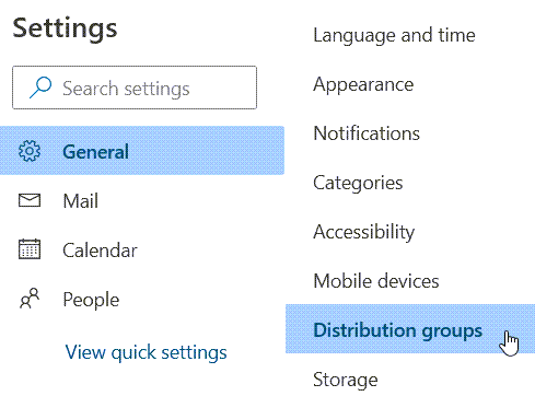 settings menu showing General settings selected and distribution groups in the submenu