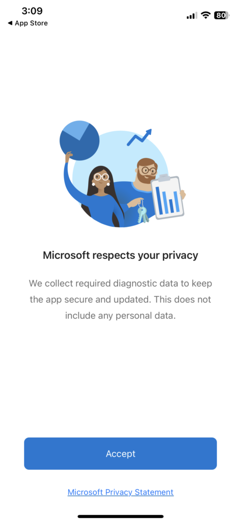Authenticator app screen saying Microsoft respects your privacy. We collect required diagnostic data to keep the app secure and updated. This does not include any personal data.