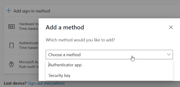 Add a method pop-up showing the available options of Authenticator app and Security key