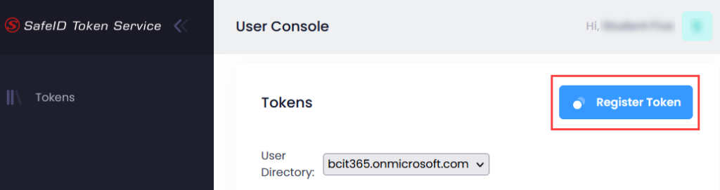 Logged in SafeID Token Service page showing blue Register Token button top right marked by a red box