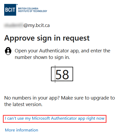 Approve sign in request screen showing a number to enter into the app and the small I can't use my app right now link near the bottom marked by a red box