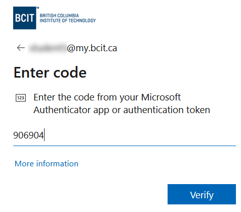Enter code screen with Verify button at bottom
