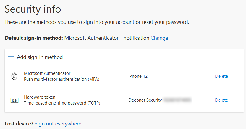 Security info screen showing two MFA methods, one the Microsoft Authenticator app on an iPhone 12, and the other a Hardware token