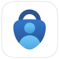 Microsoft Authenticator app logo, a blue triangular lock with a lighter blue stylized person's torso on its front