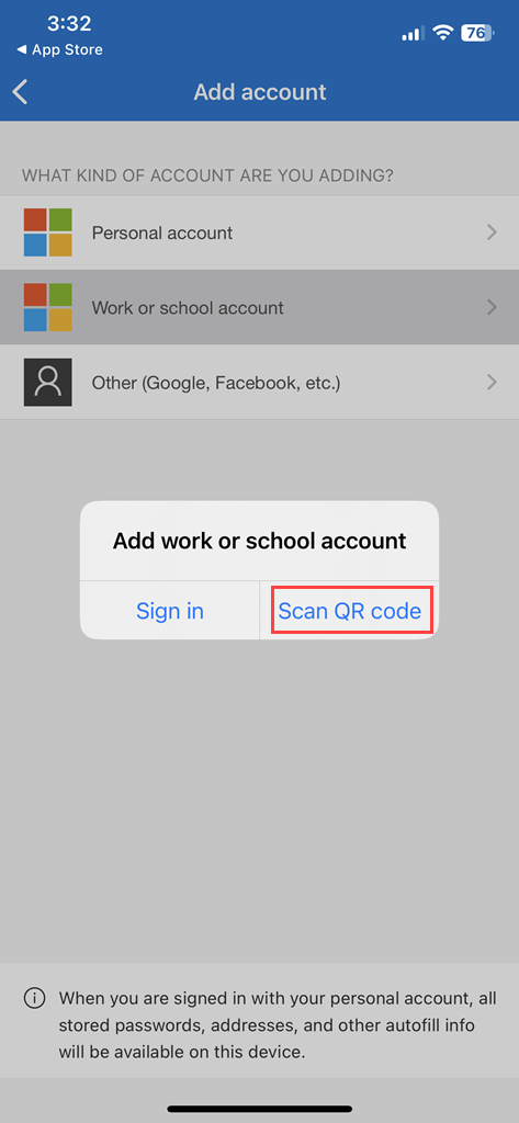 Add account screen showing work or school account selected with scan QR code marked in red