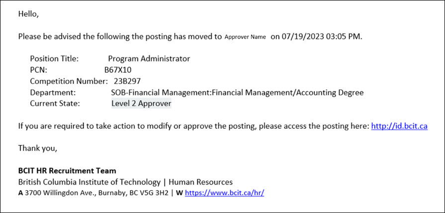 Screenshot PeopleAdmin Letter to Approver from HR