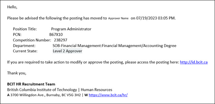 Screenshot PeopleAdmin Email to Approver from HR