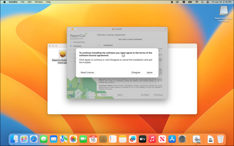 Screenshot setting up printing on Apple device agree to terms of software license agreement