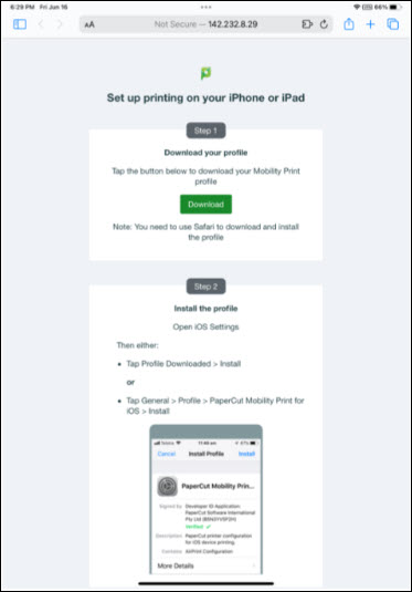 Screenshot setting up printers on Apple devices such as iPhone or iPad