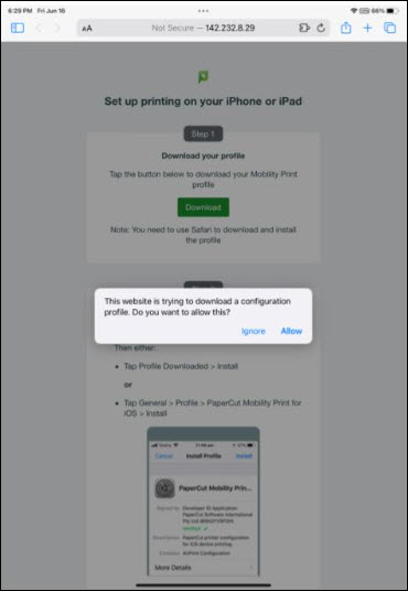 Screenshot setting up printing on Apple device and downloading configuration for iPhone and iPad