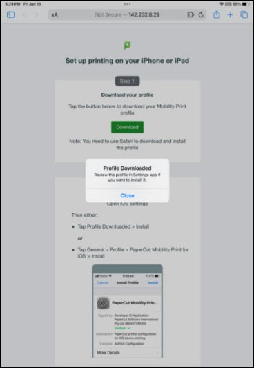 Screenshot setting up printers on Apple device iPad and iPhone Profile Downloaded message