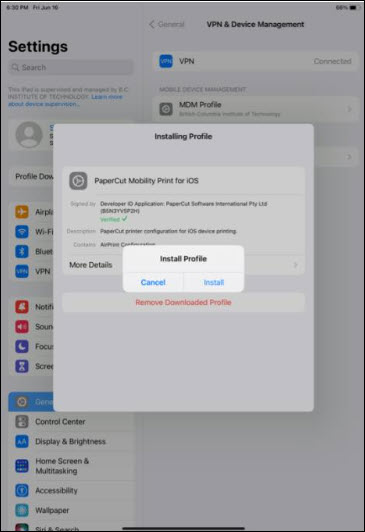 Screenshot setting up printers on Apple decides iPad and iPhone Install Profile