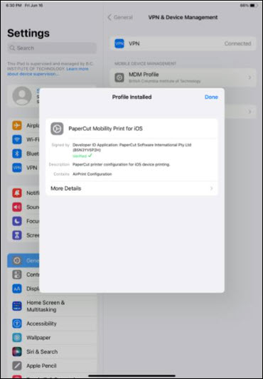 Screenshot setting up printers on Apple devices for Papercut Mobility Done button