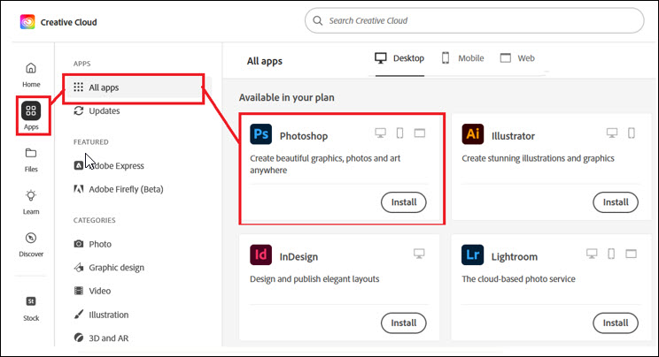 Screenshot Adobe Creative Cloud subscription and applications