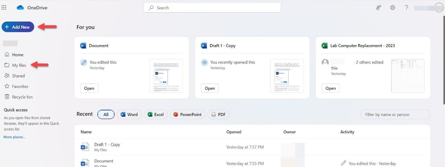 OneDrive in a browser, showing the blue add new button at top left 
