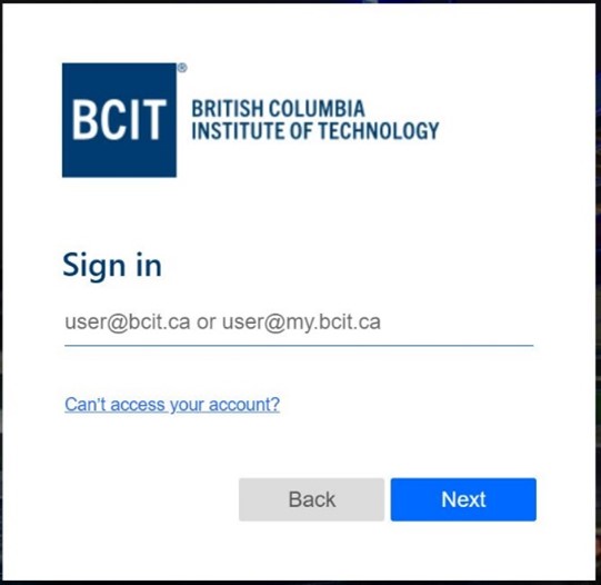 Sign in page showing field asking for your primary BCIT email address