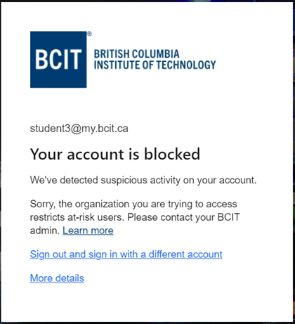 Error message explaining that your account is blocked due to suspicious activity.