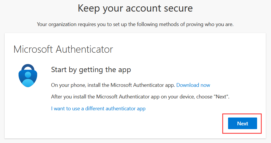 Keep your account secure screen with blue next button marked in red