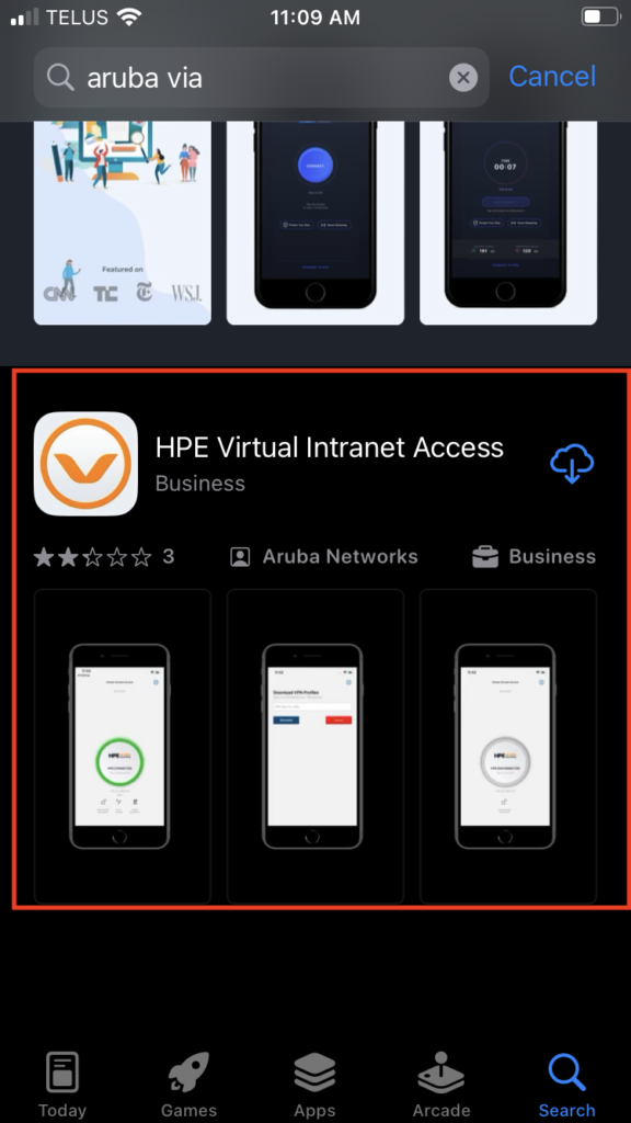 Screen shot of the iOS Apple App store search result for "HPE Virtual Internet Access".