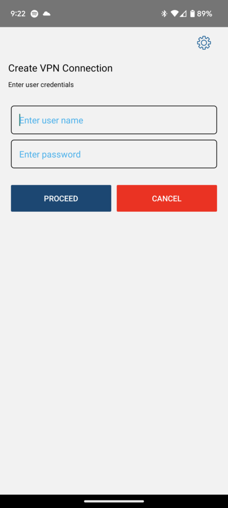 Screen shot of the Android HPE VIA app prompting the user to enter their BCIT username and password.