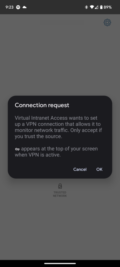Screen shot of the Android HPE VIA app asking for permission to configure VIA as a VPN connection.