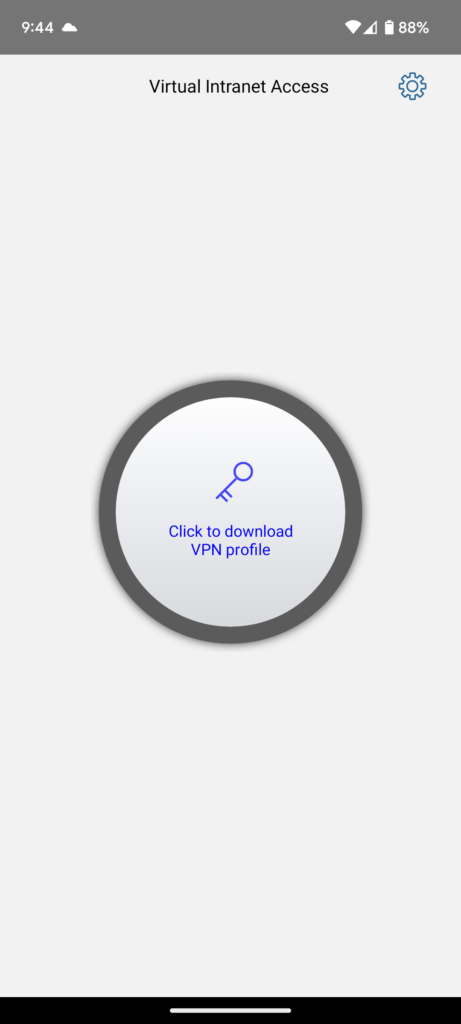 Screen shot of the Android HPE VIA app displaying the "Click to download VPN Profile" page.