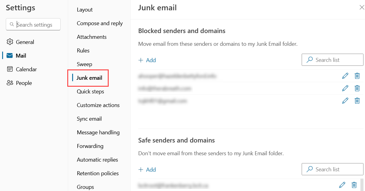 Settings pop-up showing Junk email options with the Junk email tab marked in red