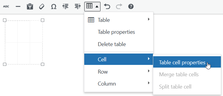table tool menu showing cell submenu and table cell properties item
