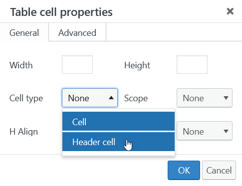 Table cell properties pop-up showing cell type menu with Header cell selected