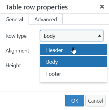 Table row properties pop-up showing row type menu with Header selected