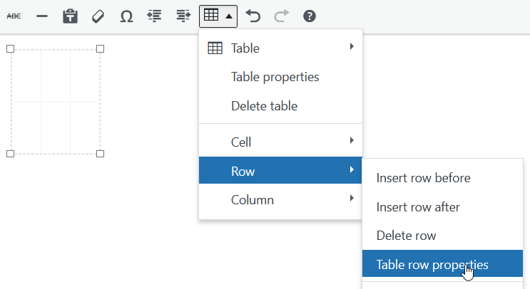 table tool menu showing row submenu and table row properties item